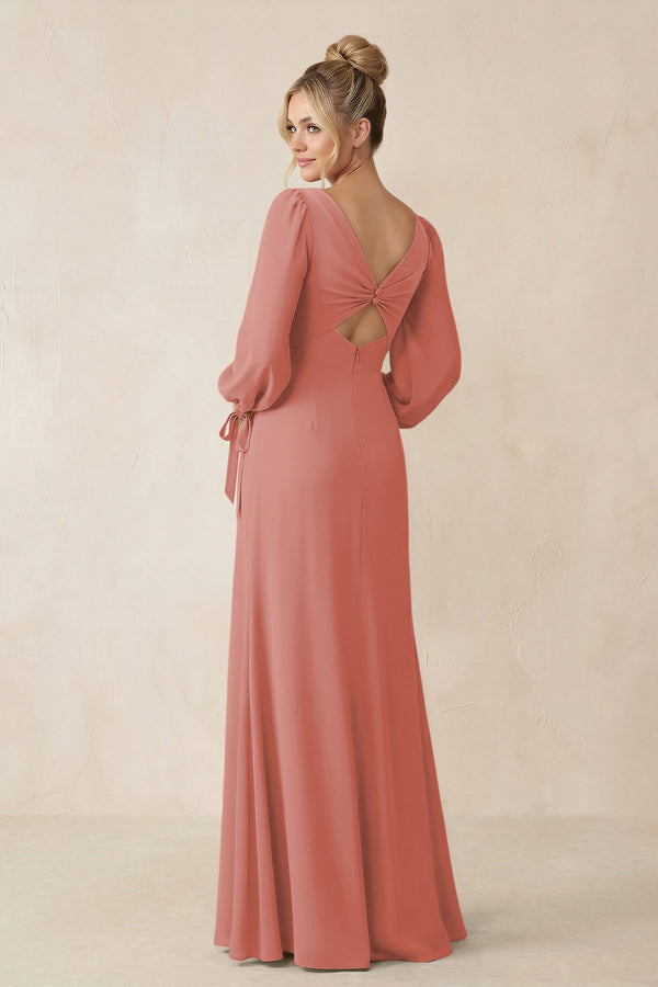 Square Neck Long Sleeve Sheath Chiffon Bridesmaid Dress in Mulberry (2) | KISSBRIDAL