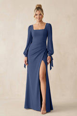 Square Neck Long Sleeve Sheath Chiffon Bridesmaid Dress in Navy - KISS BRIDAL Bridesmaid Dresses