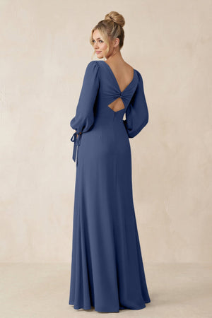 Square Neck Long Sleeve Sheath Chiffon Bridesmaid Dress in Navy - SHE IS ME Bridesmaid Dresses