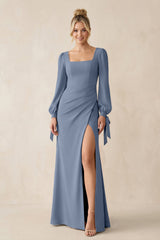 Square Neck Long Sleeve Sheath Chiffon Bridesmaid Dress in Neptune - KISS BRIDAL Bridesmaid Dresses