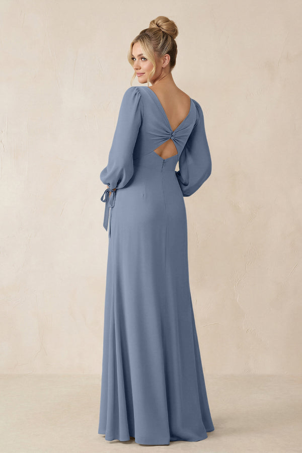 Square Neck Long Sleeve Sheath Chiffon Bridesmaid Dress in Neptune - SHE IS ME Bridesmaid Dresses