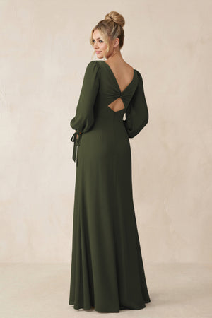 Square Neck Long Sleeve Sheath Chiffon Bridesmaid Dress in Olive (2) | KISSBRIDAL