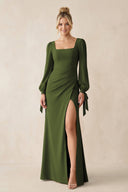 Square Neck Long Sleeve Sheath Chiffon Bridesmaid Dress in Olive - SHE IS ME Bridesmaid Dresses