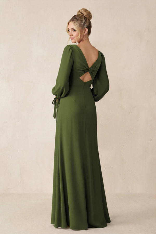 Square Neck Long Sleeve Sheath Chiffon Bridesmaid Dress in Olive - SHE IS ME Bridesmaid Dresses