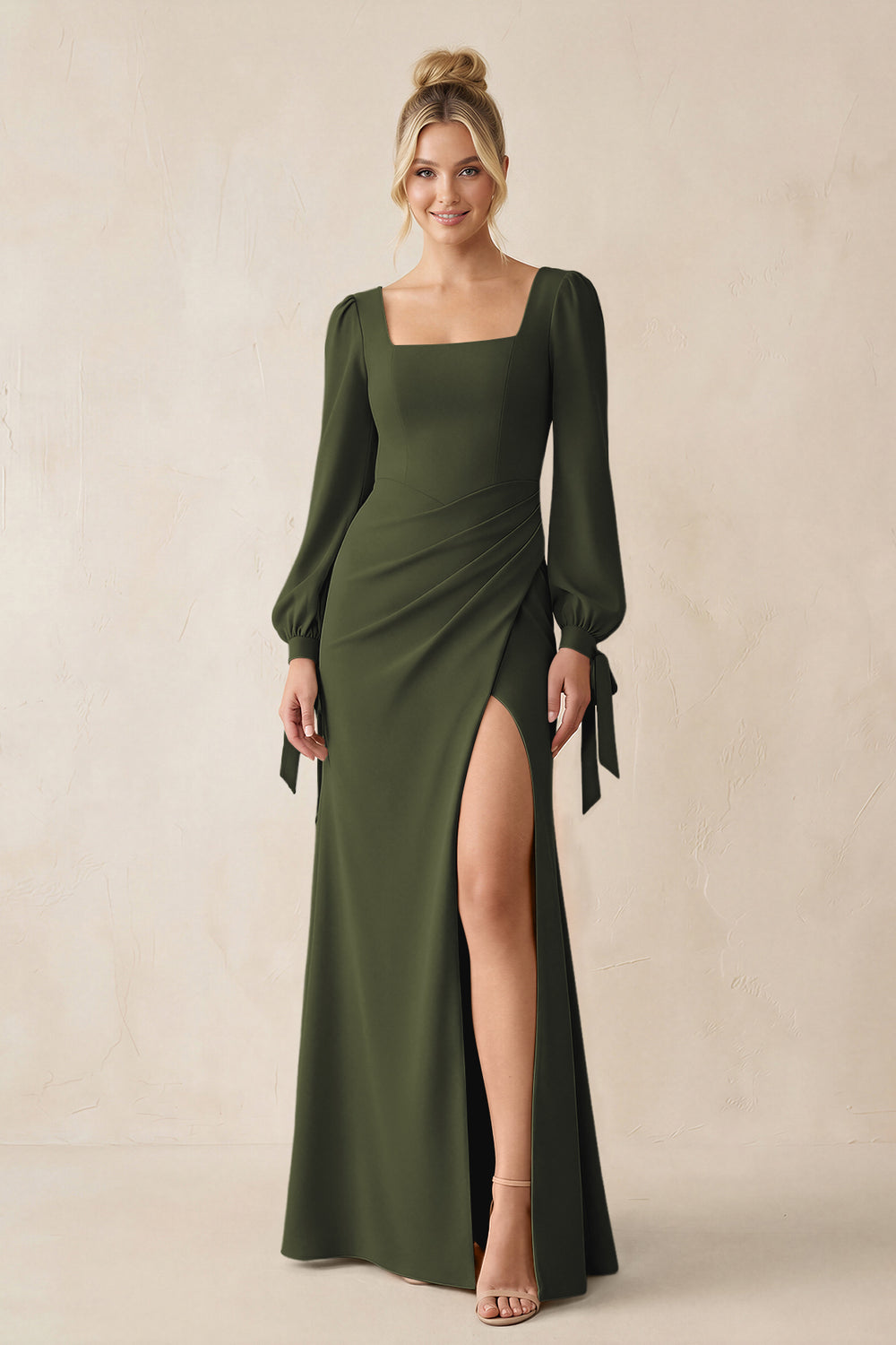 Square Neck Long Sleeve Sheath Chiffon Bridesmaid Dress in Olive