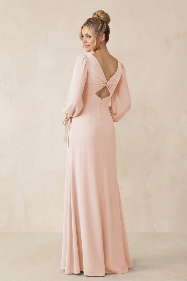 Square Neck Long Sleeve Sheath Chiffon Bridesmaid Dress in Pale Blush - SHE IS ME Bridesmaid Dresses