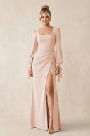 Square Neck Long Sleeve Sheath Chiffon Bridesmaid Dress in Pale Blush - SHE IS ME Bridesmaid Dresses
