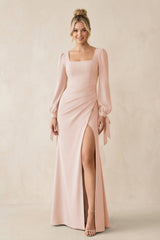 Square Neck Long Sleeve Sheath Chiffon Bridesmaid Dress in Pale Blush - KISS BRIDAL Bridesmaid Dresses