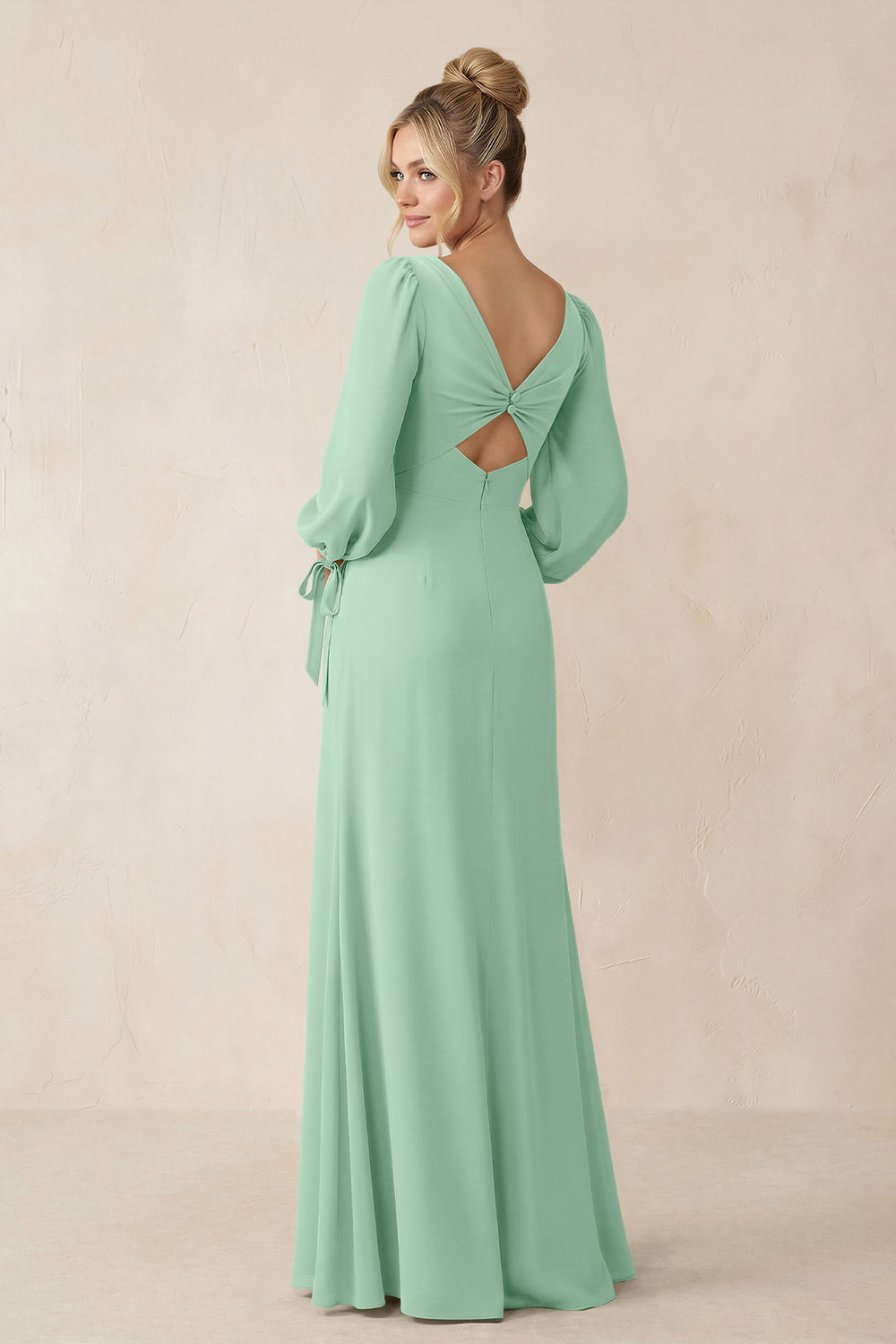 Square Neck Long Sleeve Sheath Chiffon Bridesmaid Dress in Pale Pistachio