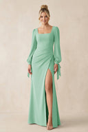 Square Neck Long Sleeve Sheath Chiffon Bridesmaid Dress in Pale Pistachio - SHE IS ME Bridesmaid Dresses