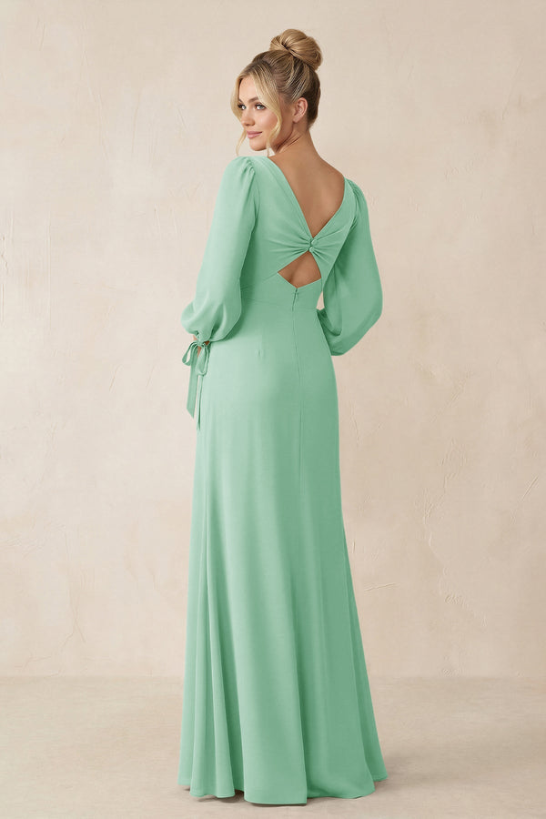Square Neck Long Sleeve Sheath Chiffon Bridesmaid Dress in Pale Pistachio - SHE IS ME Bridesmaid Dresses