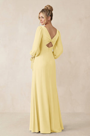 Square Neck Long Sleeve Sheath Chiffon Bridesmaid Dress in Pastel Yellow - SHE IS ME Bridesmaid Dresses