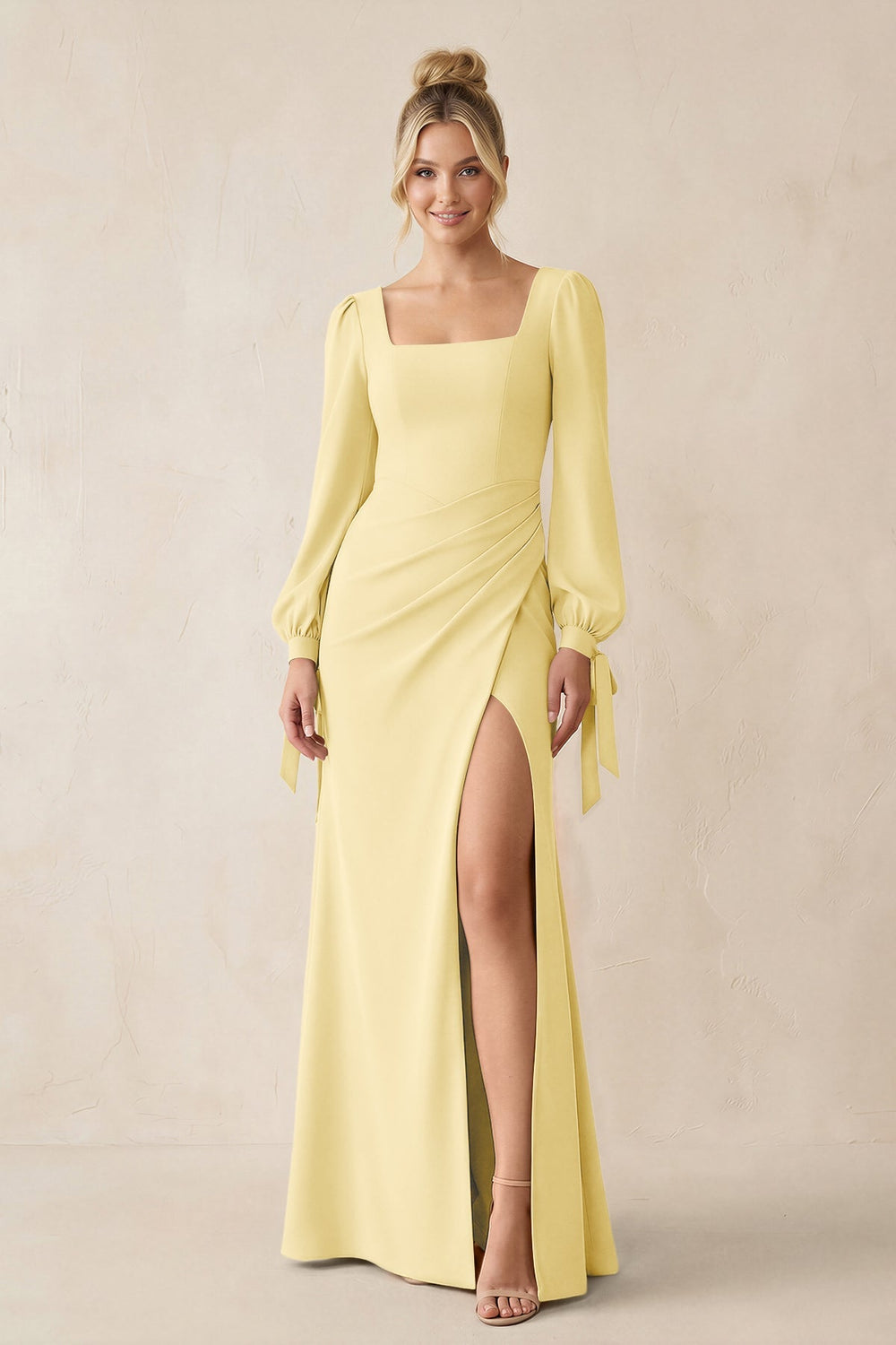 Square Neck Long Sleeve Sheath Chiffon Bridesmaid Dress in Pastel Yellow - KISS BRIDAL Bridesmaid Dresses
