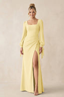 Square Neck Long Sleeve Sheath Chiffon Bridesmaid Dress in Pastel Yellow - SHE IS ME Bridesmaid Dresses