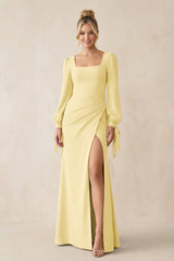 Square Neck Long Sleeve Sheath Chiffon Bridesmaid Dress in Pastel Yellow - KISS BRIDAL Bridesmaid Dresses