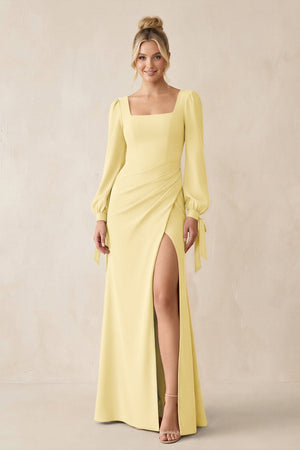 Square Neck Long Sleeve Sheath Chiffon Bridesmaid Dress in Pastel Yellow - SHE IS ME Bridesmaid Dresses