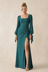 Square Neck Long Sleeve Sheath Chiffon Bridesmaid Dress in Pine - KISS BRIDAL Bridesmaid Dresses