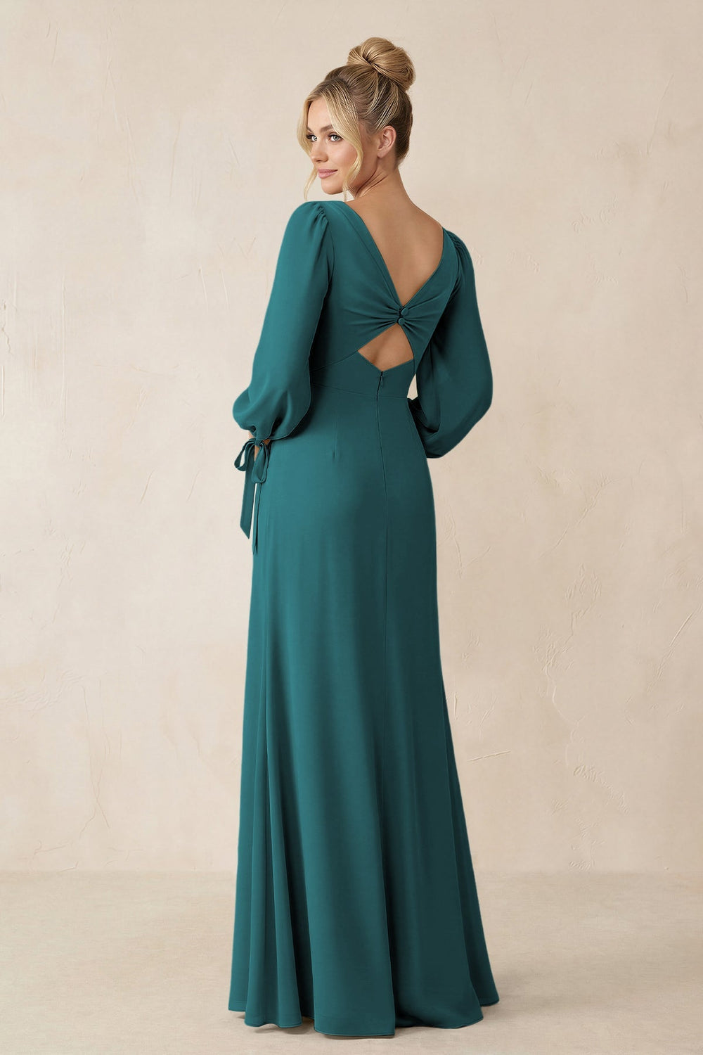 Square Neck Long Sleeve Sheath Chiffon Bridesmaid Dress in Pine - KISS BRIDAL Bridesmaid Dresses