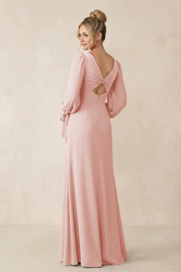Square Neck Long Sleeve Sheath Chiffon Bridesmaid Dress in Rose Petal (2) | KISSBRIDAL