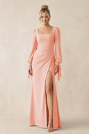 Square Neck Long Sleeve Sheath Chiffon Bridesmaid Dress in Rose Petal - SHE IS ME Bridesmaid Dresses