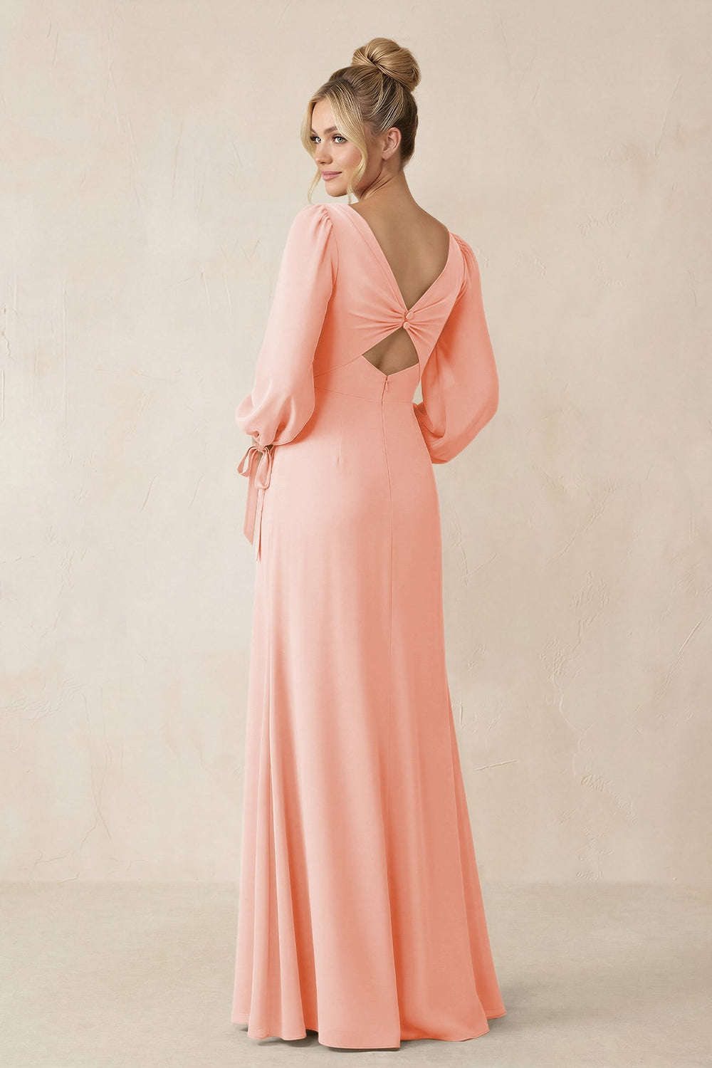 Square Neck Long Sleeve Sheath Chiffon Bridesmaid Dress in Rose Petal - KISS BRIDAL Bridesmaid Dresses