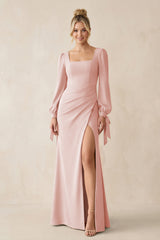 Square Neck Long Sleeve Sheath Chiffon Bridesmaid Dress in Rose Petal | KISSBRIDAL