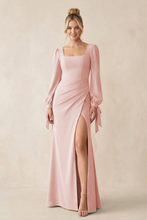Square Neck Long Sleeve Sheath Chiffon Bridesmaid Dress in Rose Petal | KISSBRIDAL
