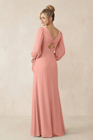Square Neck Long Sleeve Sheath Chiffon Bridesmaid Dress in Rosette (2) | KISSBRIDAL