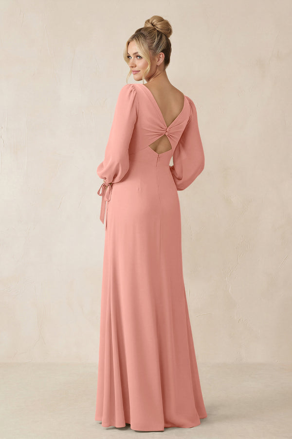 Square Neck Long Sleeve Sheath Chiffon Bridesmaid Dress in Rosette (2) | KISSBRIDAL