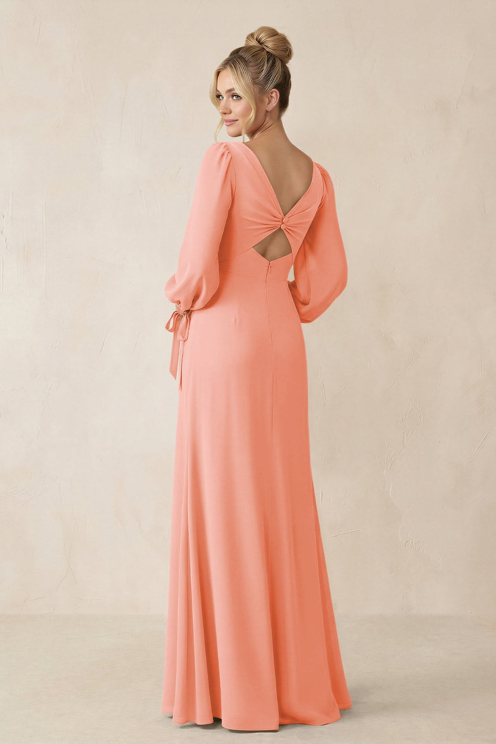 Square Neck Long Sleeve Sheath Chiffon Bridesmaid Dress in Rosette - KISS BRIDAL Bridesmaid Dresses