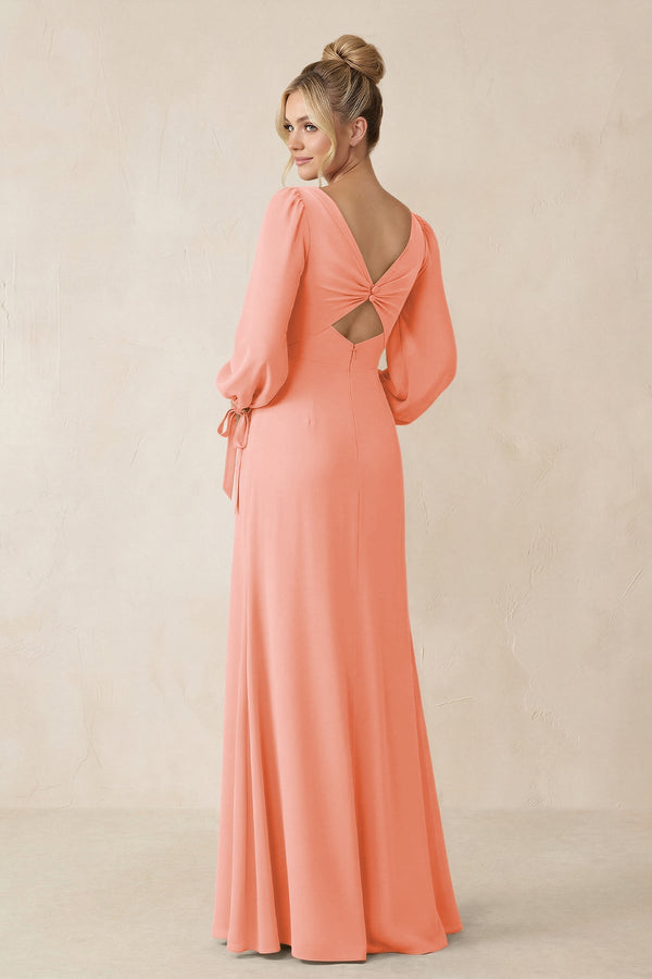 Square Neck Long Sleeve Sheath Chiffon Bridesmaid Dress in Rosette - SHE IS ME Bridesmaid Dresses