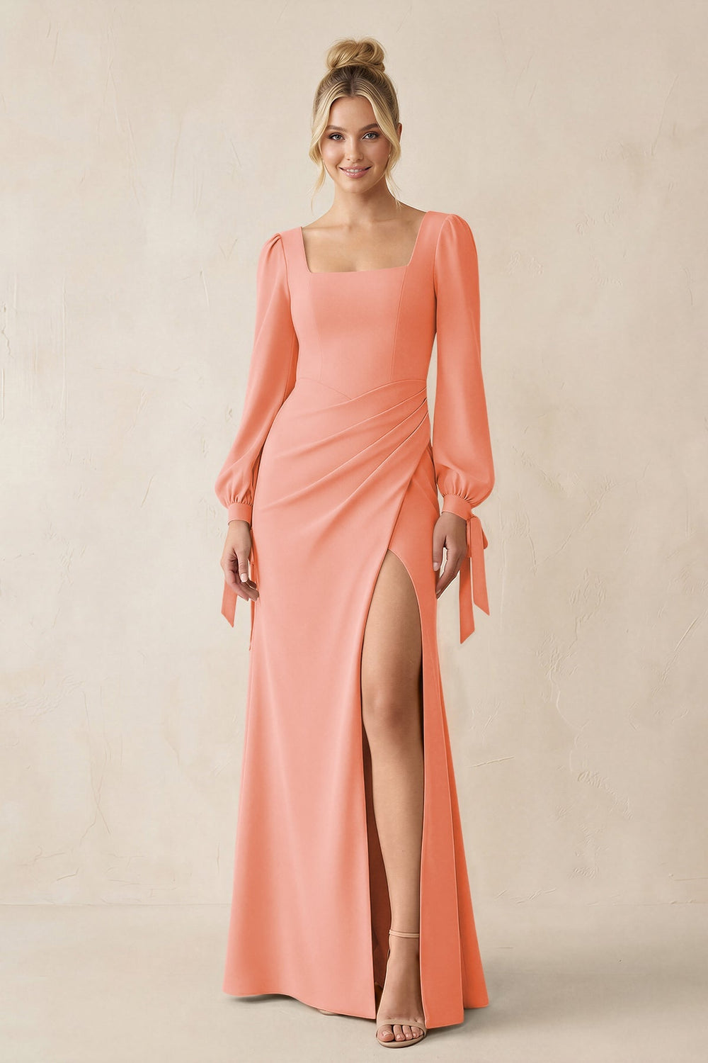 Square Neck Long Sleeve Sheath Chiffon Bridesmaid Dress in Rosette - KISS BRIDAL Bridesmaid Dresses