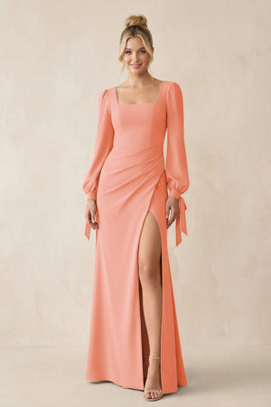 Square Neck Long Sleeve Sheath Chiffon Bridesmaid Dress in Rosette - SHE IS ME Bridesmaid Dresses