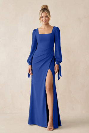 Square Neck Long Sleeve Sheath Chiffon Bridesmaid Dress in Royal Blue - SHE IS ME Bridesmaid Dresses