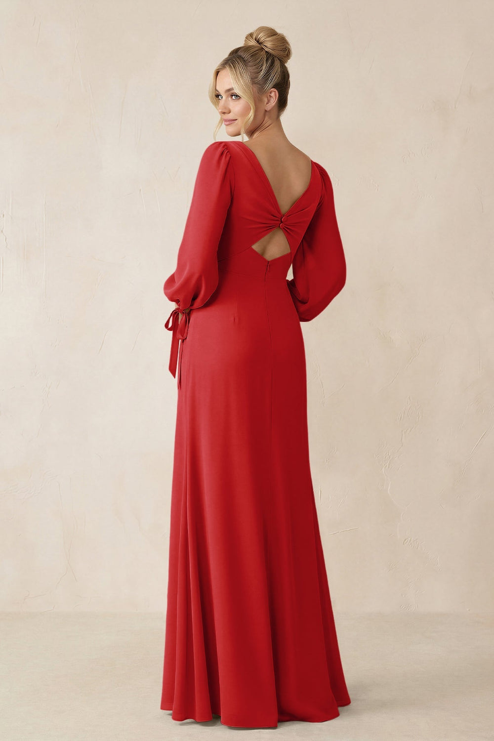 Square Neck Long Sleeve Sheath Chiffon Bridesmaid Dress in Ruby Red - KISS BRIDAL Bridesmaid Dresses
