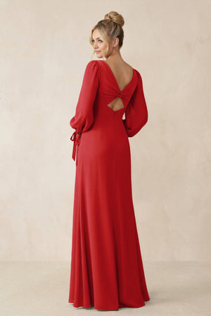 Square Neck Long Sleeve Sheath Chiffon Bridesmaid Dress in Ruby Red - SHE IS ME Bridesmaid Dresses