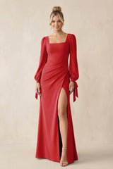 Square Neck Long Sleeve Sheath Chiffon Bridesmaid Dress in Ruby Red - KISS BRIDAL Bridesmaid Dresses