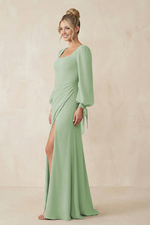 Square Neck Long Sleeve Sheath Chiffon Bridesmaid Dress in Sage - SHE IS ME Bridesmaid Dresses