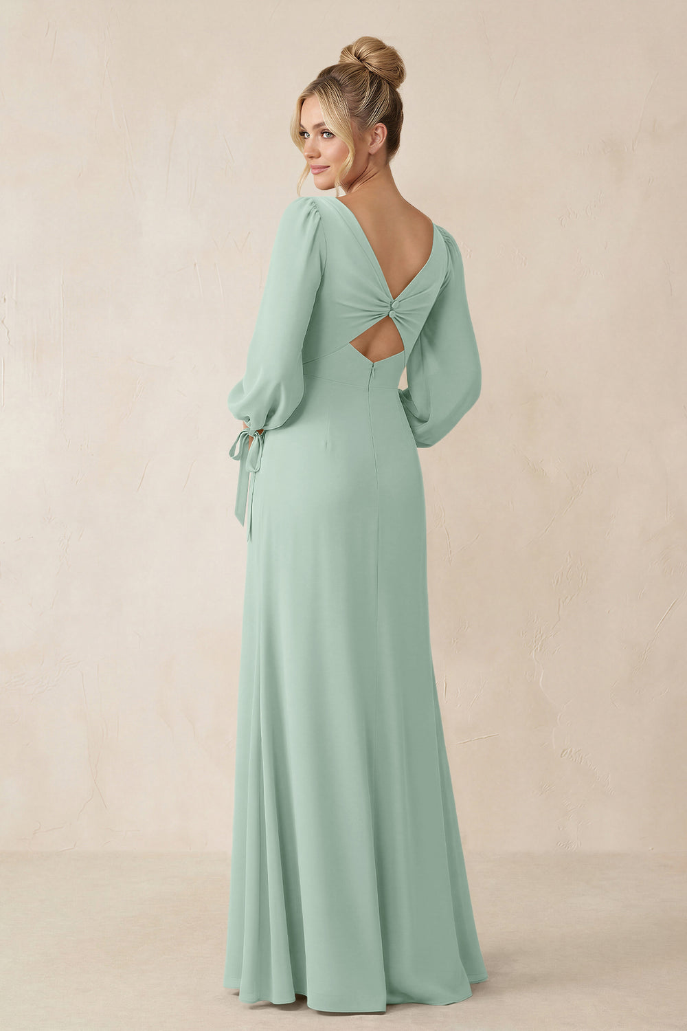 Square Neck Long Sleeve Sheath Chiffon Bridesmaid Dress in Sage