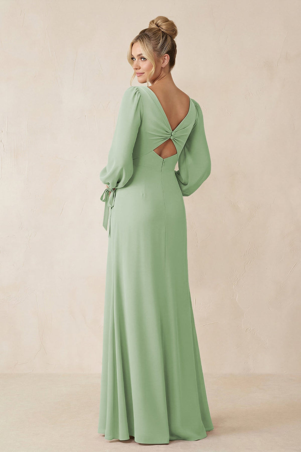 Square Neck Long Sleeve Sheath Chiffon Bridesmaid Dress in Sage - SHE IS ME Bridesmaid Dresses