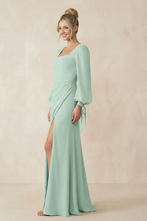 Square Neck Long Sleeve Sheath Chiffon Bridesmaid Dress in Sage (3) | KISSBRIDAL
