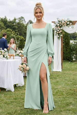 Square Neck Long Sleeve Sheath Chiffon Bridesmaid Dress in Sage (4) | KISSBRIDAL