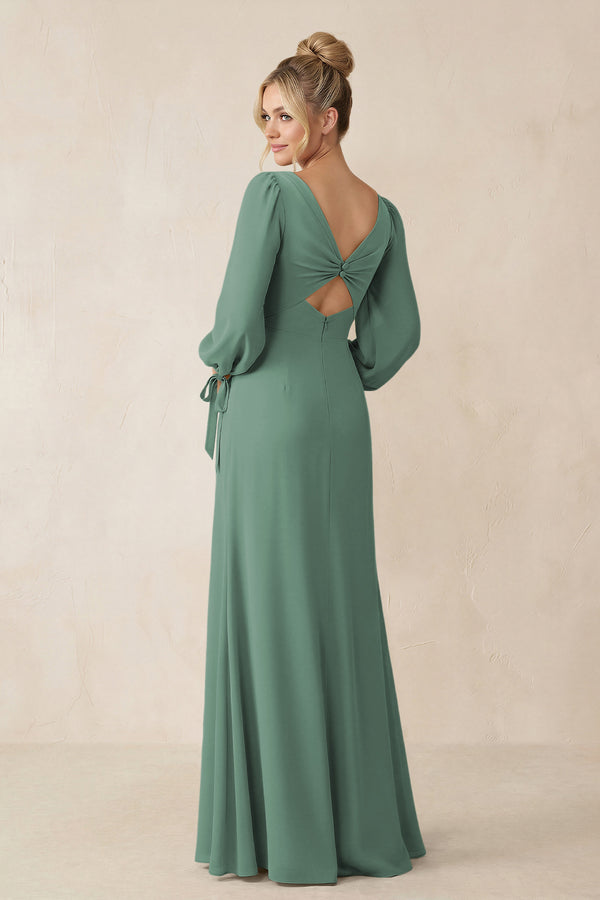 Square Neck Long Sleeve Sheath Chiffon Bridesmaid Dress in Sea Glass (2) | KISSBRIDAL