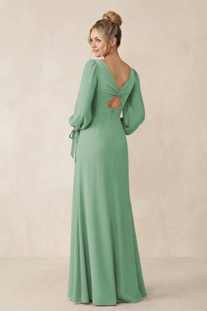 Square Neck Long Sleeve Sheath Chiffon Bridesmaid Dress in Sea Glass - SHE IS ME Bridesmaid Dresses