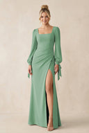 Square Neck Long Sleeve Sheath Chiffon Bridesmaid Dress in Sea Glass - SHE IS ME Bridesmaid Dresses