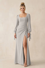 Square Neck Long Sleeve Sheath Chiffon Bridesmaid Dress in Silver - KISS BRIDAL Bridesmaid Dresses