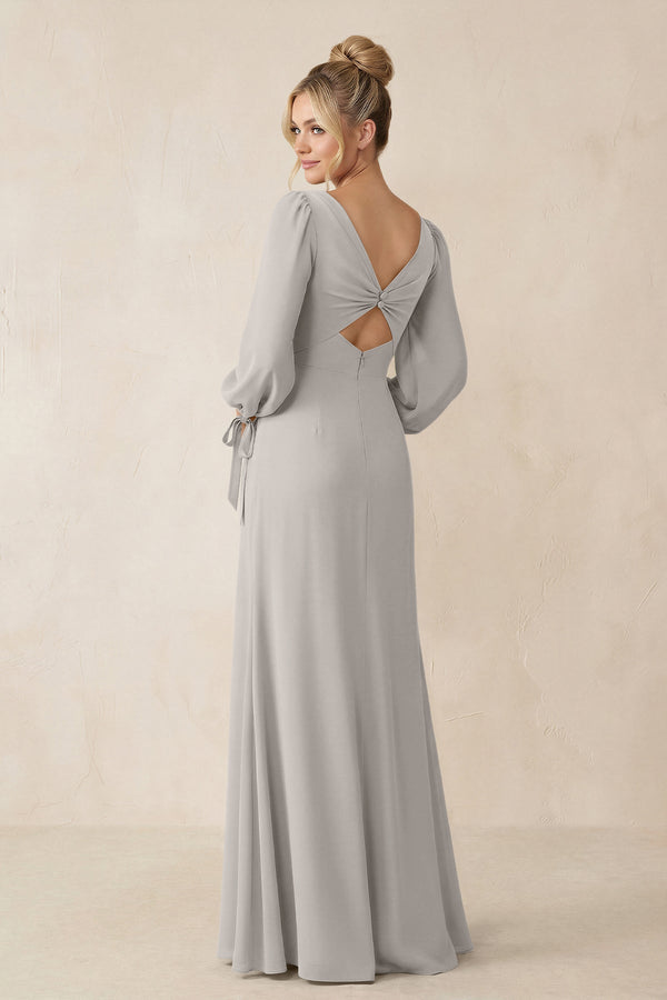 Square Neck Long Sleeve Sheath Chiffon Bridesmaid Dress in Silver - SHE IS ME Bridesmaid Dresses