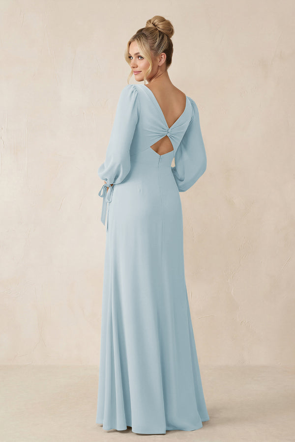 Square Neck Long Sleeve Sheath Chiffon Bridesmaid Dress in Sky Blue (2) | KISSBRIDAL