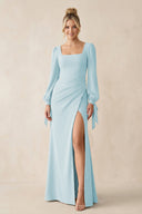 Square Neck Long Sleeve Sheath Chiffon Bridesmaid Dress in Sky Blue - SHE IS ME Bridesmaid Dresses