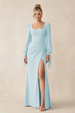 Square Neck Long Sleeve Sheath Chiffon Bridesmaid Dress in Sky Blue - SHE IS ME Bridesmaid Dresses